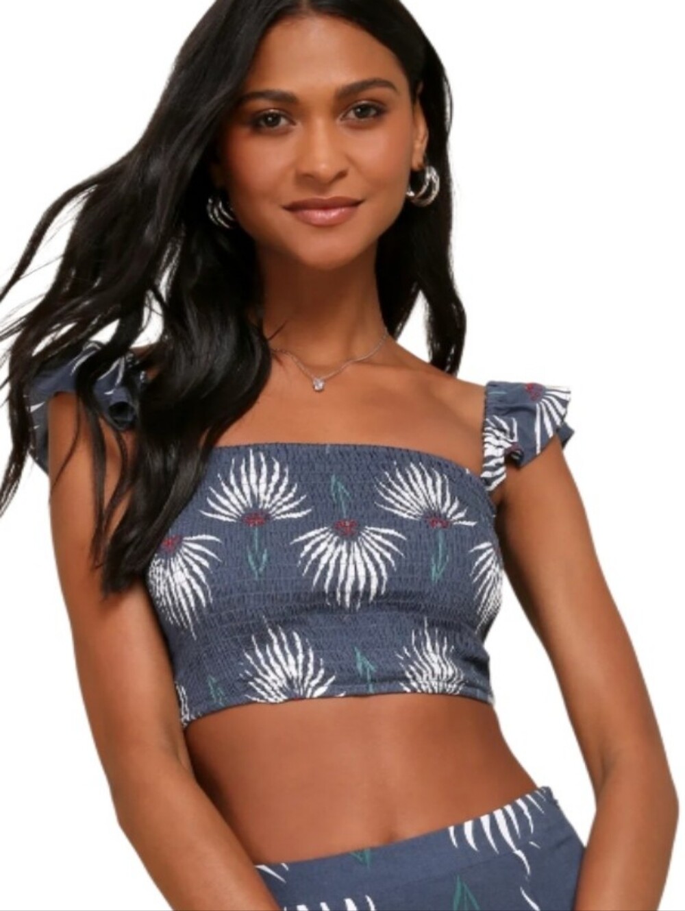 NWT Lulus Trancoso Dusty Blue Floral Smocked Square-Neck Crop Top